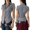 Retro Style Plaid Print Short Sleeve Collared Shirt Button Down Slim Fit Peplum Blouse for Daily Wear Brunch Women Outfits