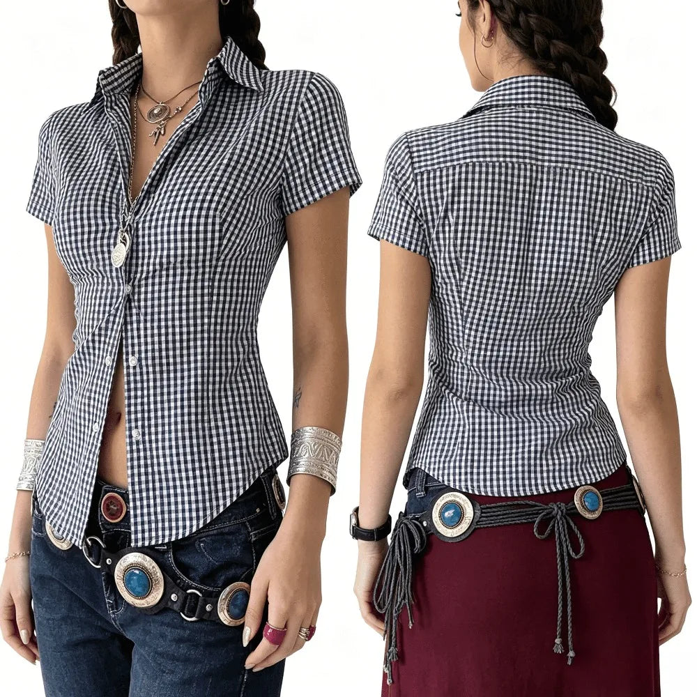Retro Style Plaid Print Short Sleeve Collared Shirt Button Down Slim Fit Peplum Blouse for Daily Wear Brunch Women Outfits