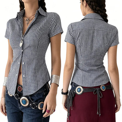 Retro Style Plaid Print Short Sleeve Collared Shirt Button Down Slim Fit Peplum Blouse for Daily Wear Brunch Women Outfits