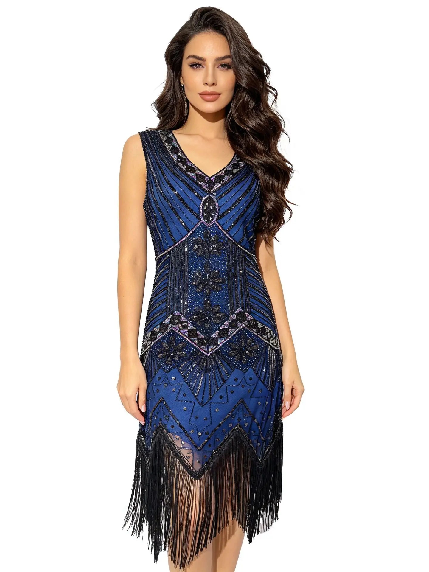 Women 1920s Flapper Dress Vintage Gatsby Beaded Sequin Fringe Midi Dress Sleeveless V Neck Roaring 20s Party Costume