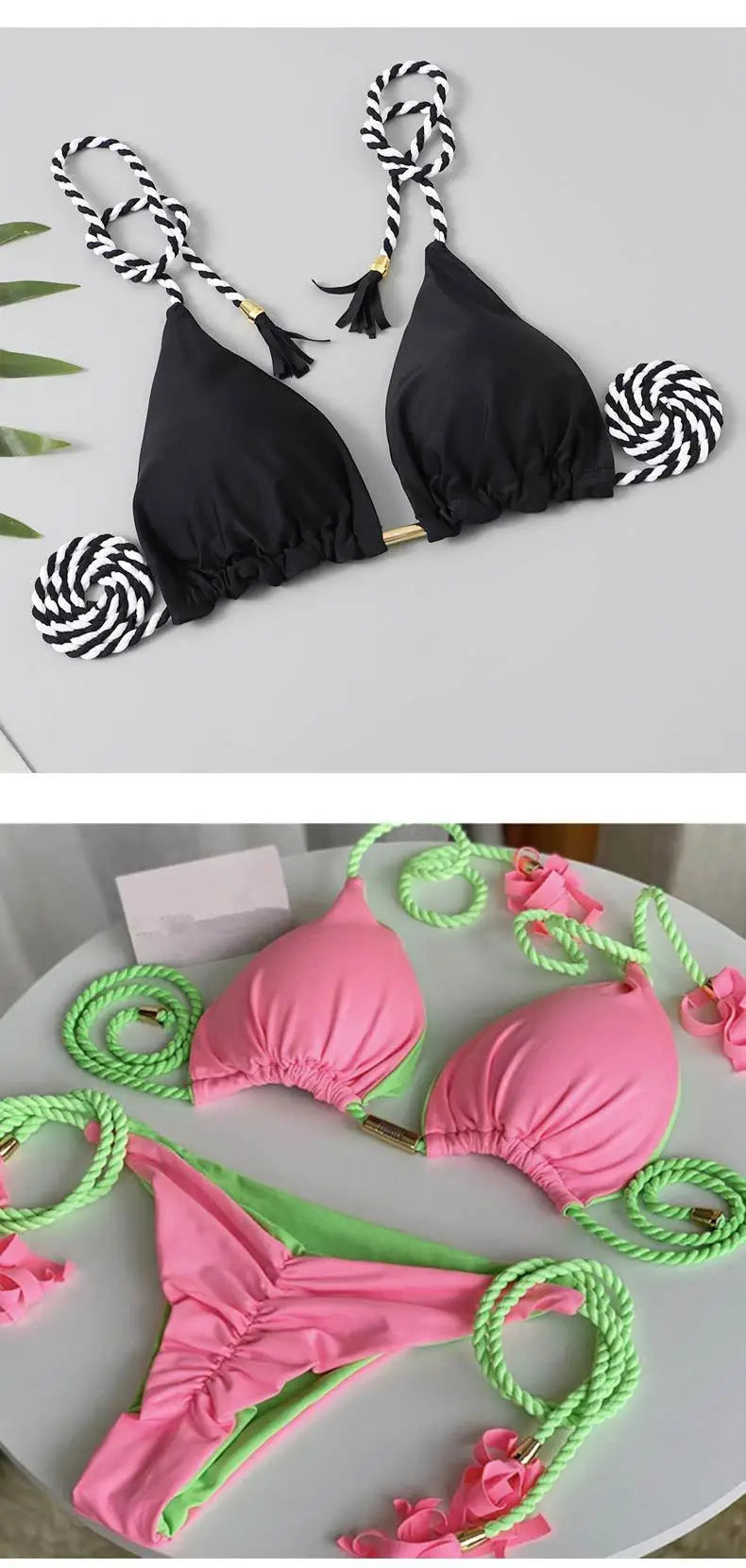 Women's Halter Tie Tassel Detail Two Piece Water Outfit Adjustable Side Drawstring Separated Swim Set for Beach Vacation Outfits