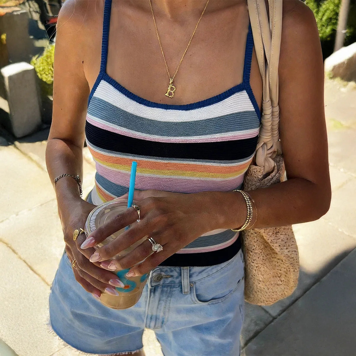 Colorful Rainbow Striped Knit Tank Top Strap Square Neck Slim Fit Crop Cami Casual Daily Women Beach Streetwear