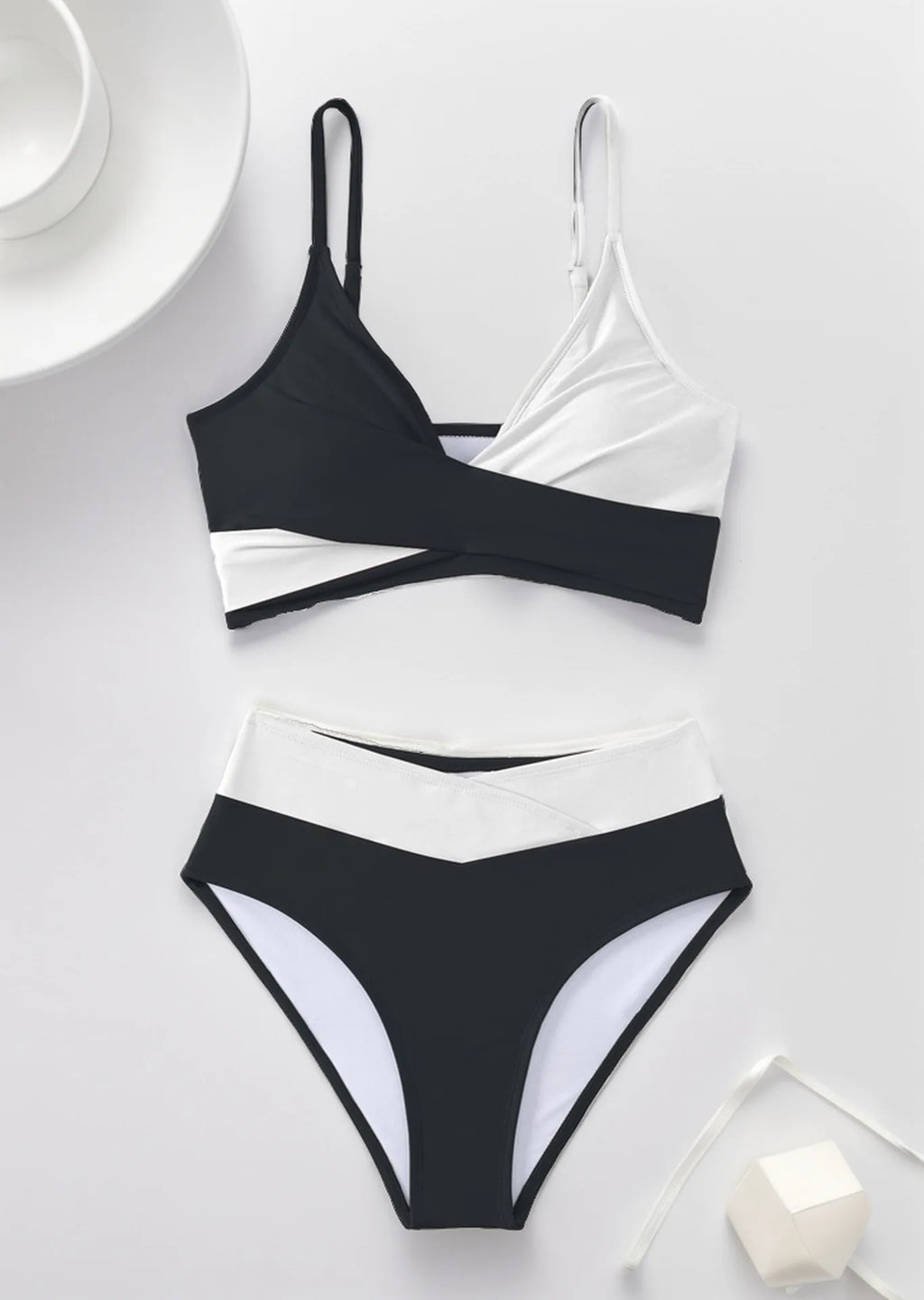 Women's Sexy Solid Color V-Neck Gather Backless Bikini Set 2 Piece High Waist Beach Pool Bathing Suits