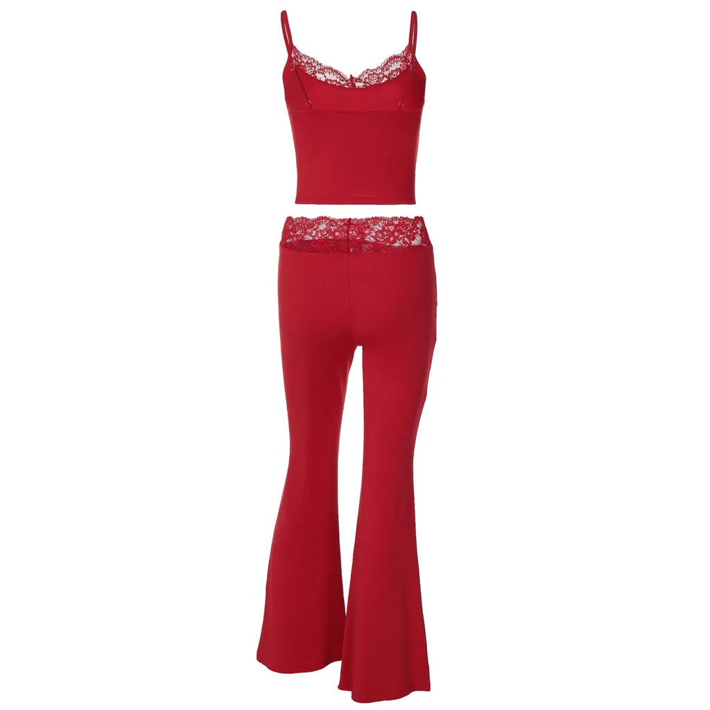Women Summer Sexy Fungus Trim Spaghetti-Strap Tops Sexy Party Streetwear Patchwork Lace 2 Piece Sets