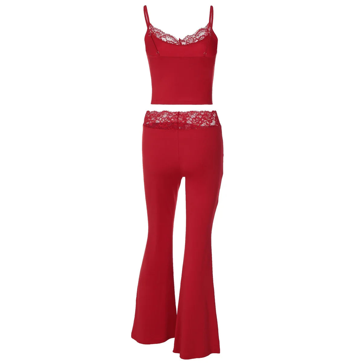 Women Summer Sexy Fungus Trim Spaghetti-Strap Tops Sexy Party Streetwear Patchwork Lace 2 Piece Sets
