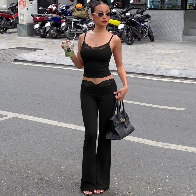 Women Summer Sexy Fungus Trim Spaghetti-Strap Tops Sexy Party Streetwear Patchwork Lace 2 Piece Sets
