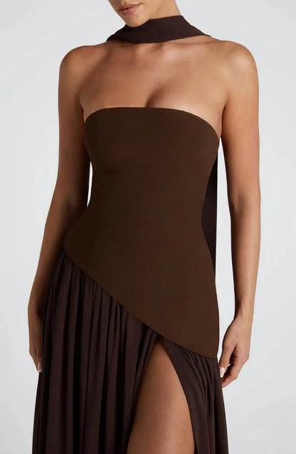 Women Strapless Asymmetrical Maxi Dress with Detachable Neck Wrap Pleated Flowy Long Evening Party Gown