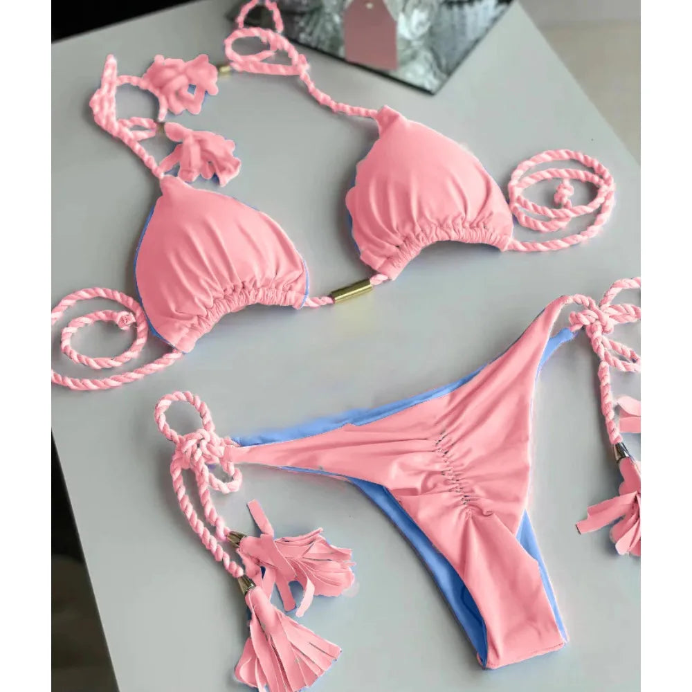 Women's Halter Tie Tassel Detail Two Piece Water Outfit Adjustable Side Drawstring Separated Swim Set for Beach Vacation Outfits