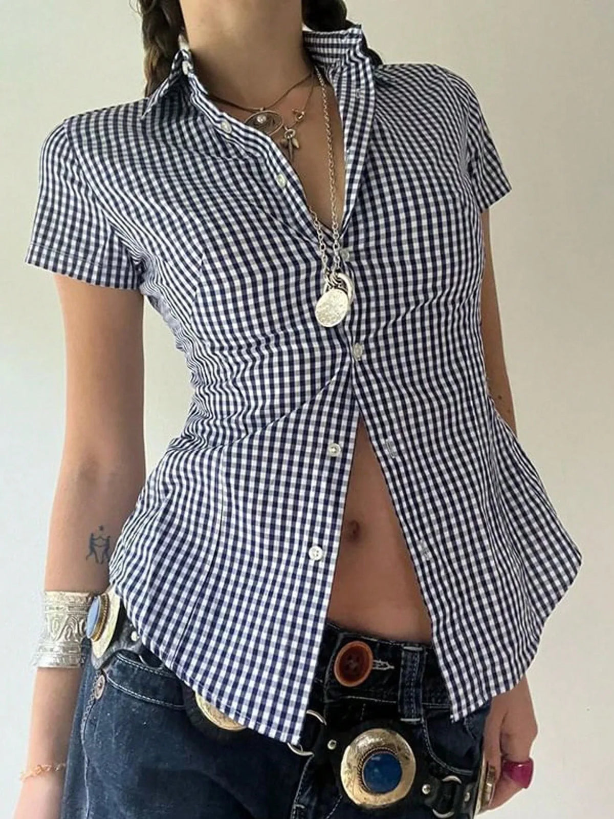 Retro Style Plaid Print Short Sleeve Collared Shirt Button Down Slim Fit Peplum Blouse for Daily Wear Brunch Women Outfits