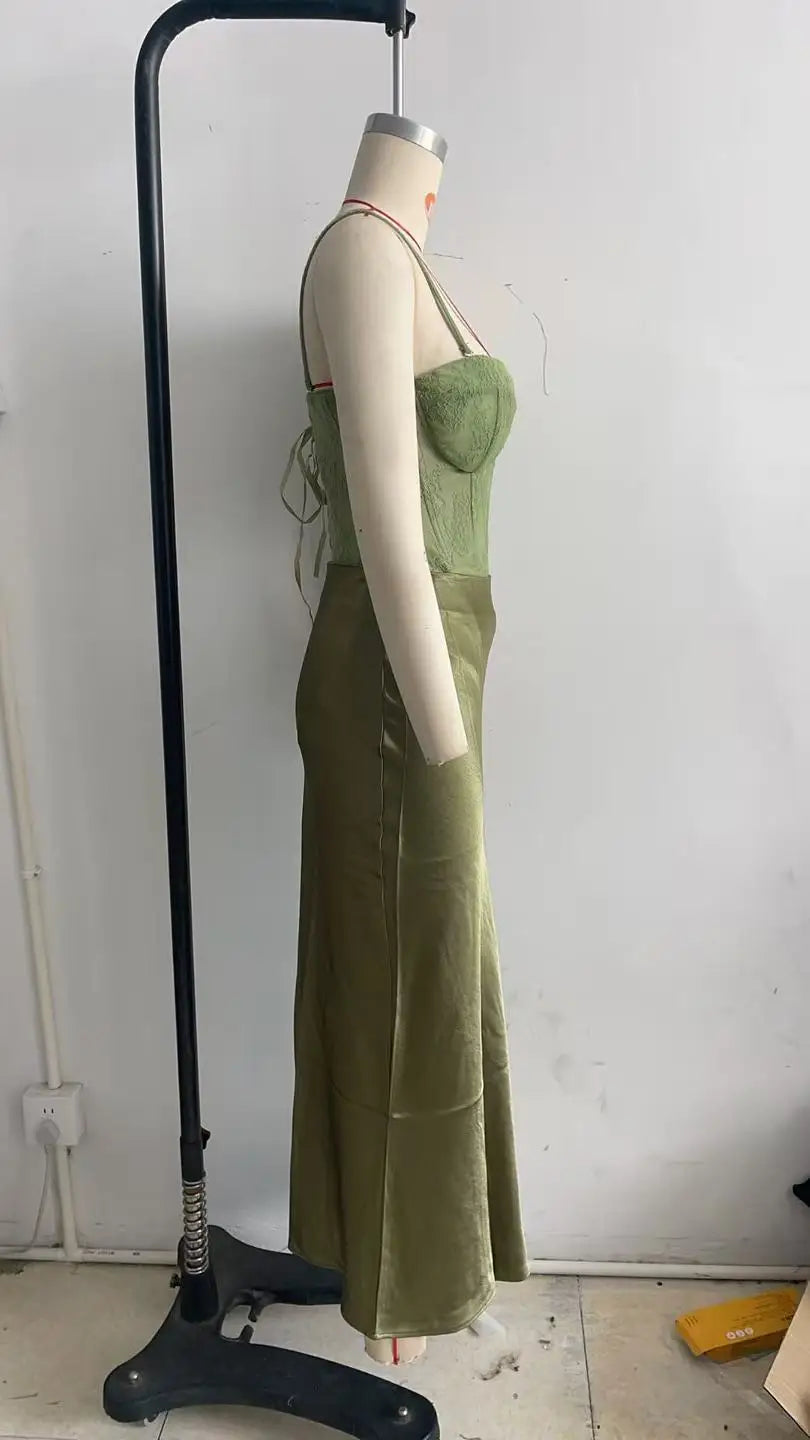 Fashion Satin Skirt Set for Women Chic Sleeveless Backless Lace Up Slim Vest Solid Maxi Skirts Suit 2026 Summer New Party Suits