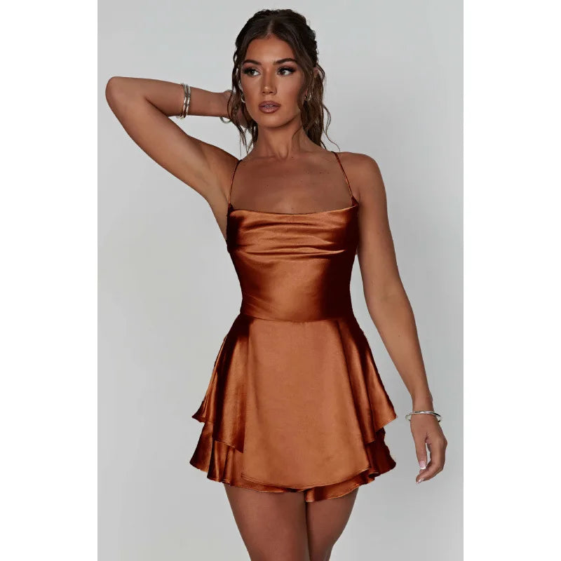 Women Sexy Satin Sleeveless Cami Playsuit Solid Cowl Neck Cross Tie Backless Short Jumpsuit Fashion Slim Fit Summer Romper