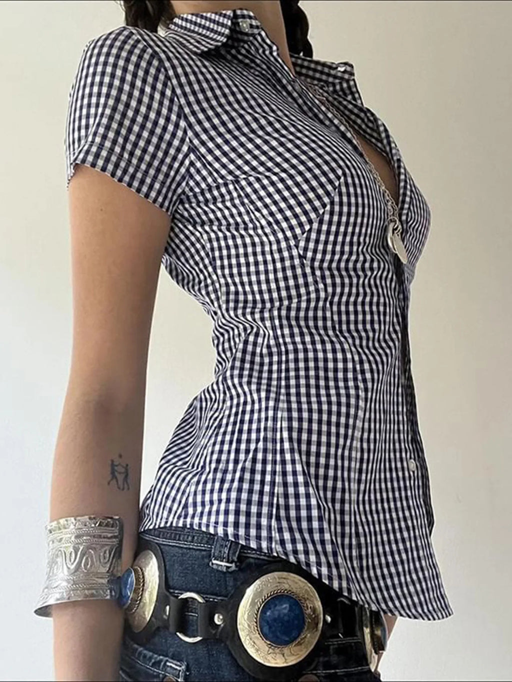 Retro Style Plaid Print Short Sleeve Collared Shirt Button Down Slim Fit Peplum Blouse for Daily Wear Brunch Women Outfits