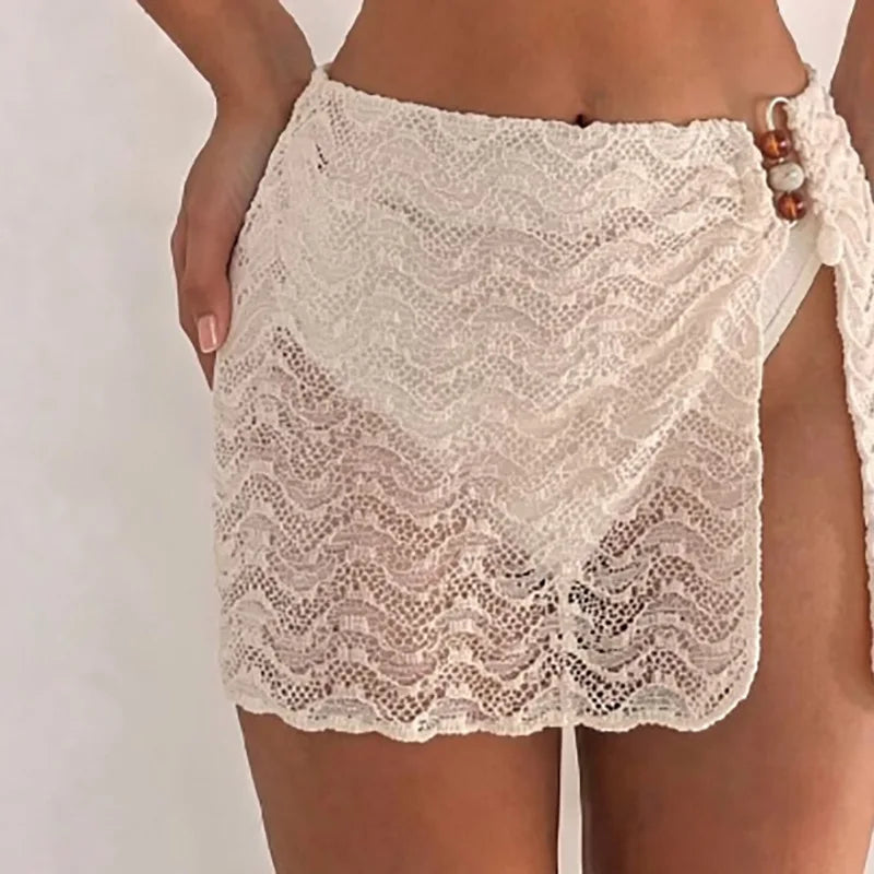Boho Hollow Knit 3 Piece Swimwear Halter Bikini Top Bottom Sarong Skirt Breathable Lace Bathing Suit for Beach Sunbathing