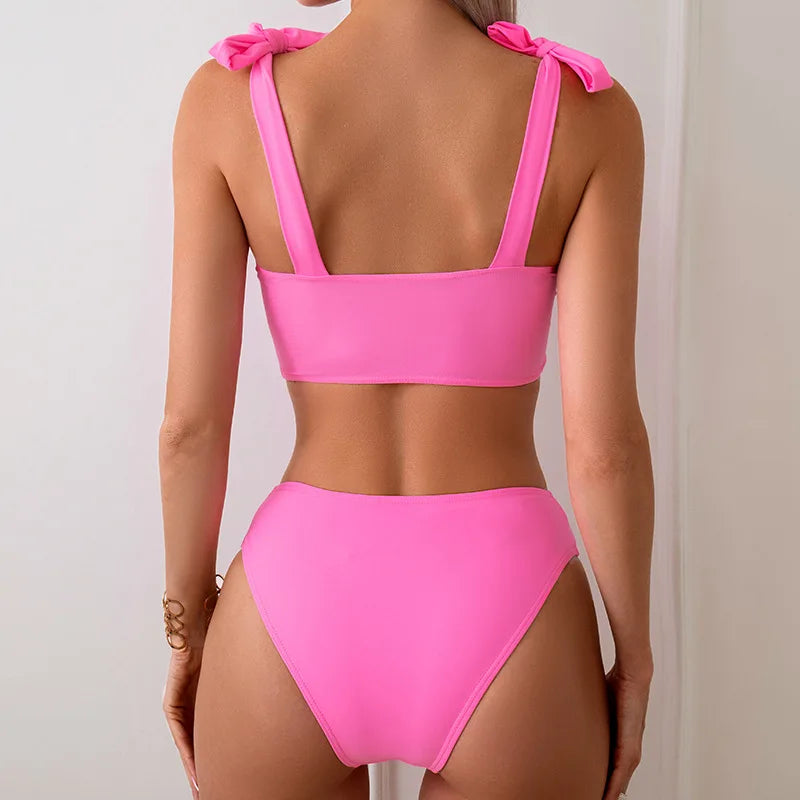 Women's Sexy Round Neck Solid Color Swimming Set High Waist Bikini with Skirt and Underpants 3-Piece Set for Seabeach