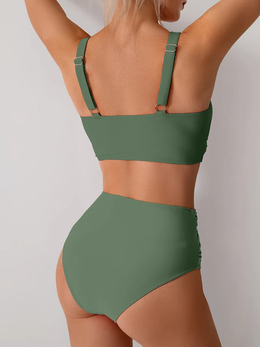 Women's Sexy Solid Color High Waist Bikini Set with Chest Pad Split Two-Piece Beach Pool Bathing Suits