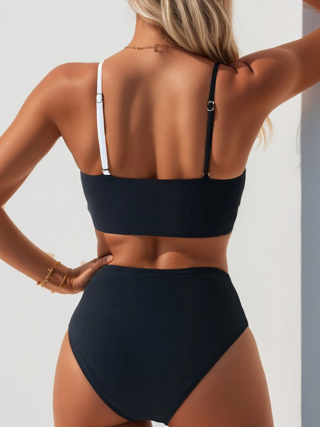 Women's Sexy Solid Color V-Neck Gather Backless Bikini Set 2 Piece High Waist Beach Pool Bathing Suits