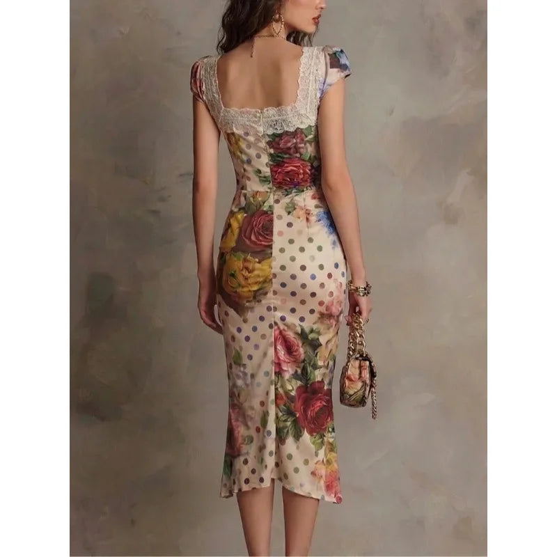 Women's Lace Square Neck Midi Bodycon Dress Mixed Floral Polka Dot Print Cap Sleeve Ruched Asymmetrical Hem Slim Party Dress