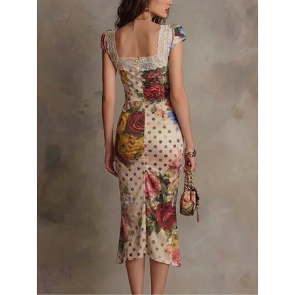 Women's Lace Square Neck Midi Bodycon Dress Mixed Floral Polka Dot Print Cap Sleeve Ruched Asymmetrical Hem Slim Party Dress