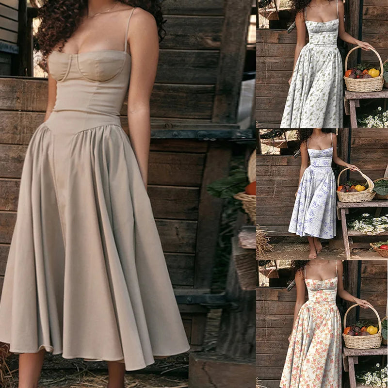 Women's French Retro Elegant V-Neck Sleeveless Slip Dress Bohemian Floral Beach Sundress Sexy Slim Fit Waist Cinched Long Dress