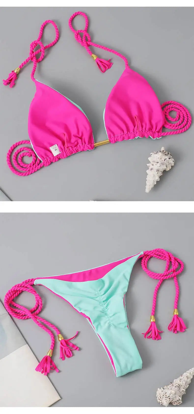 Women's Halter Tie Tassel Detail Two Piece Water Outfit Adjustable Side Drawstring Separated Swim Set for Beach Vacation Outfits