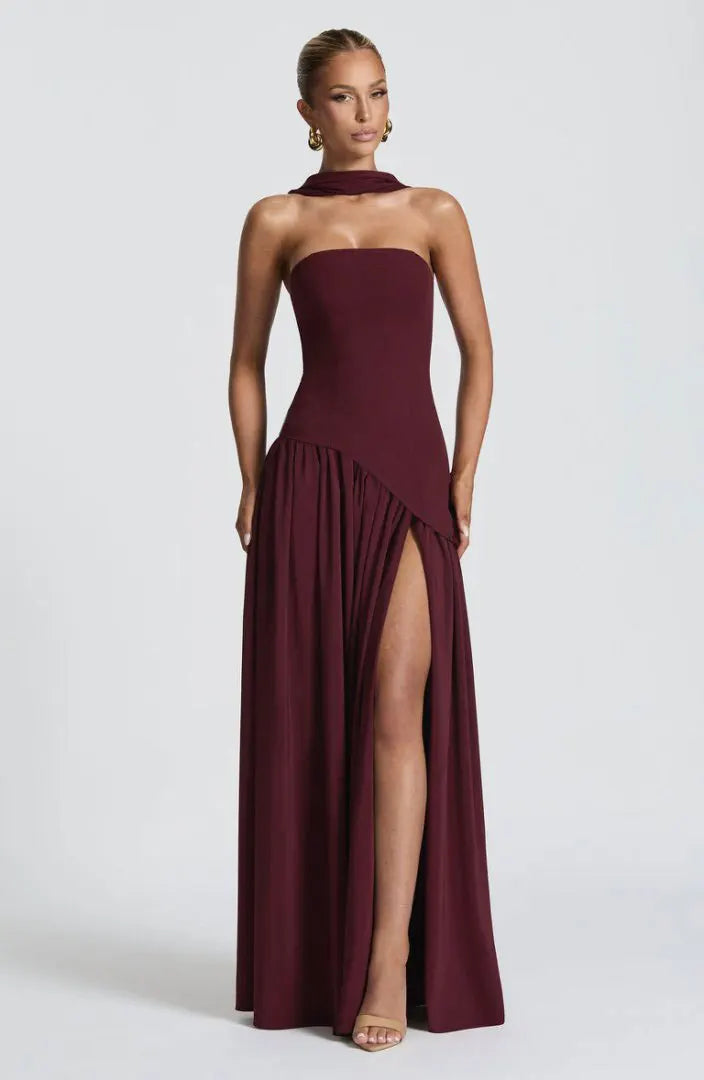 Women Strapless Asymmetrical Maxi Dress with Detachable Neck Wrap Pleated Flowy Long Evening Party Gown