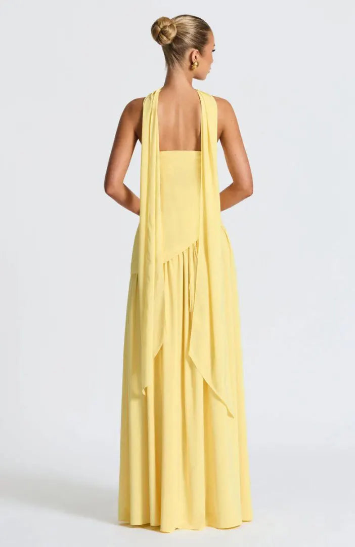 Women Strapless Asymmetrical Maxi Dress with Detachable Neck Wrap Pleated Flowy Long Evening Party Gown