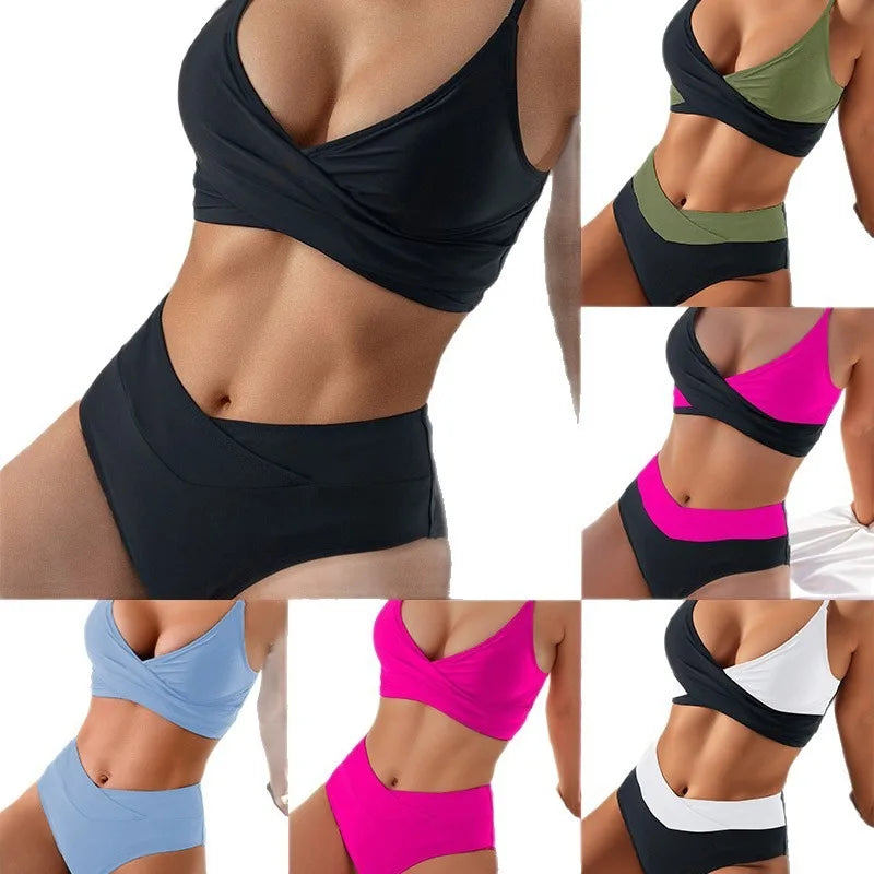 Women's Sexy Solid Color V-Neck Gather Backless Bikini Set 2 Piece High Waist Beach Pool Bathing Suits
