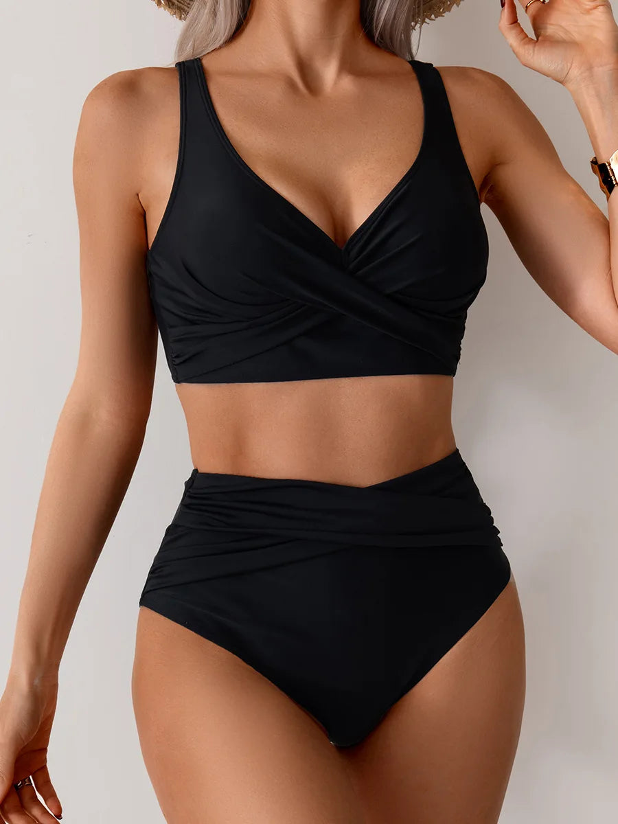 Women's Sexy Solid Color High Waist Bikini Set with Chest Pad Split Two-Piece Beach Pool Bathing Suits
