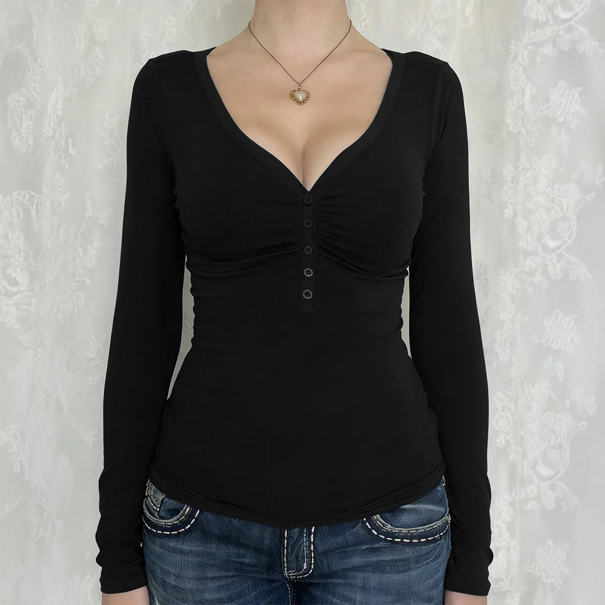 Women Y2K Slim Button V-Neck Long Sleeve Knitted T-Shirt Female Clothing Temperament Commuting Women Solid Casual Skinny Top