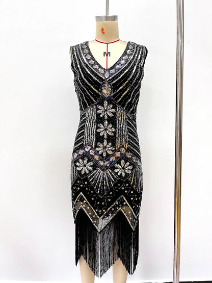 Women 1920s Flapper Dress Vintage Gatsby Beaded Sequin Fringe Midi Dress Sleeveless V Neck Roaring 20s Party Costume