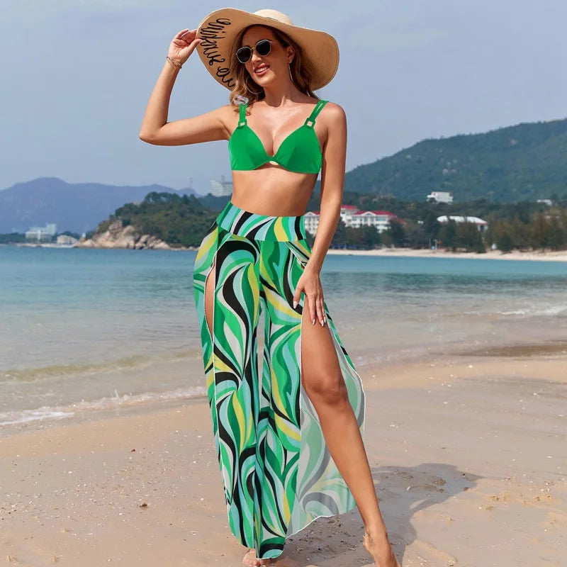 Women's Three-Piece Printed Swimsuit Set Fashion Split Bikini with Board Shorts Three-Piece Swimwear Summer Beachwear