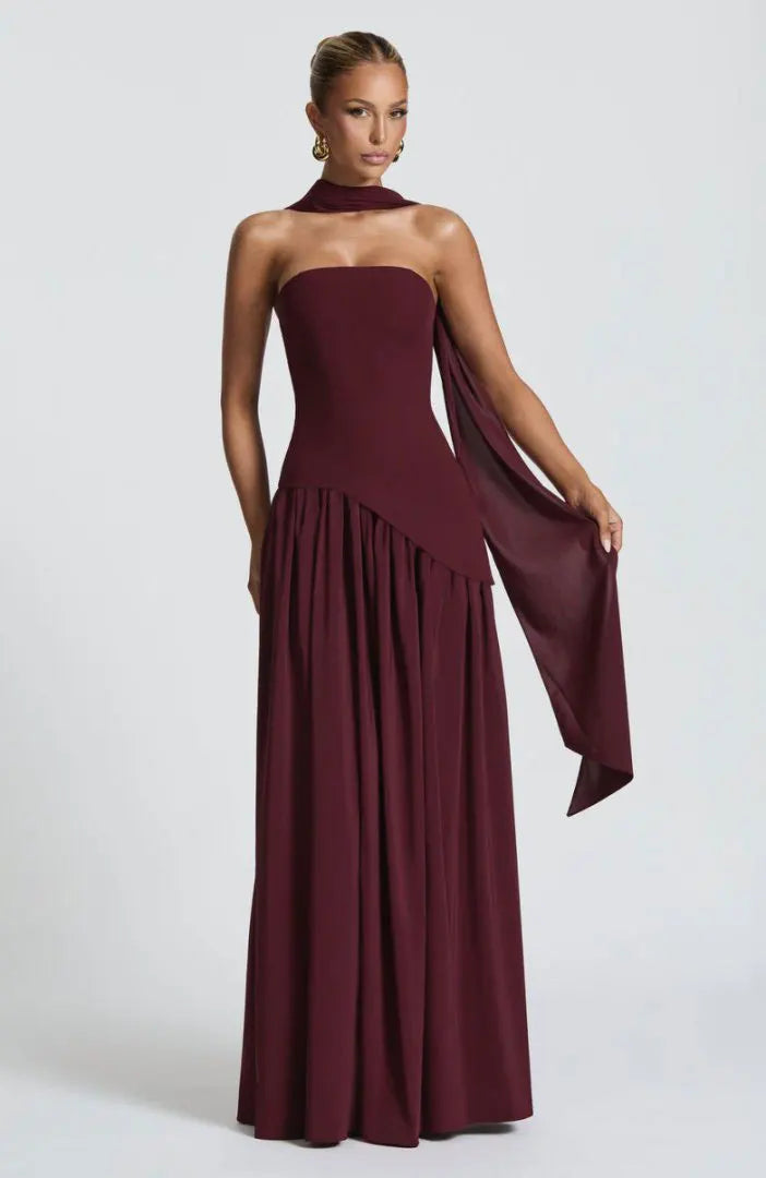Women Strapless Asymmetrical Maxi Dress with Detachable Neck Wrap Pleated Flowy Long Evening Party Gown