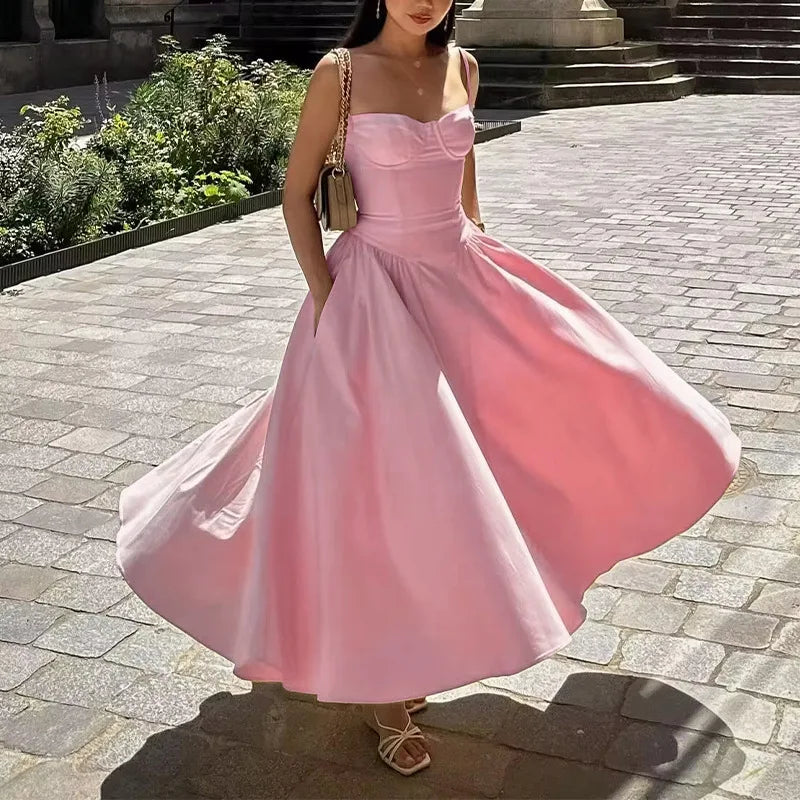 Women's French Retro Elegant V-Neck Sleeveless Slip Dress Bohemian Floral Beach Sundress Sexy Slim Fit Waist Cinched Long Dress