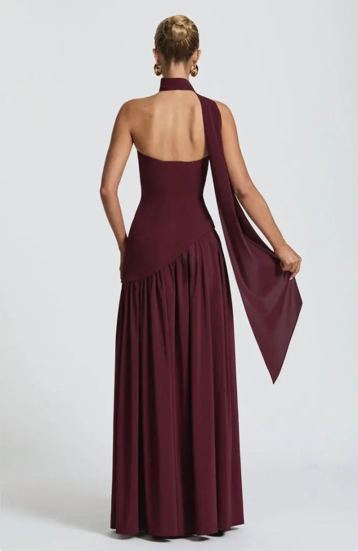 Women Strapless Asymmetrical Maxi Dress with Detachable Neck Wrap Pleated Flowy Long Evening Party Gown