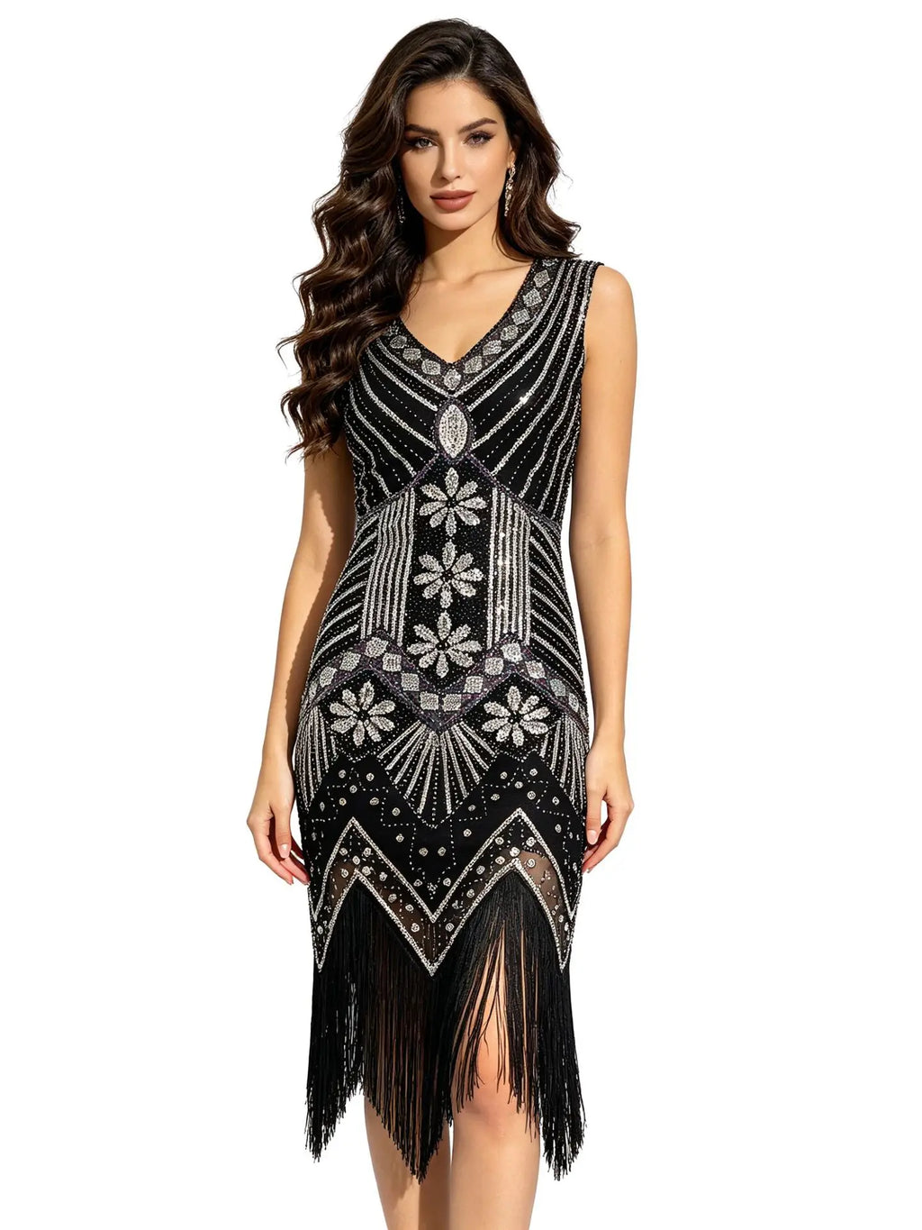Women 1920s Flapper Dress Vintage Gatsby Beaded Sequin Fringe Midi Dress Sleeveless V Neck Roaring 20s Party Costume
