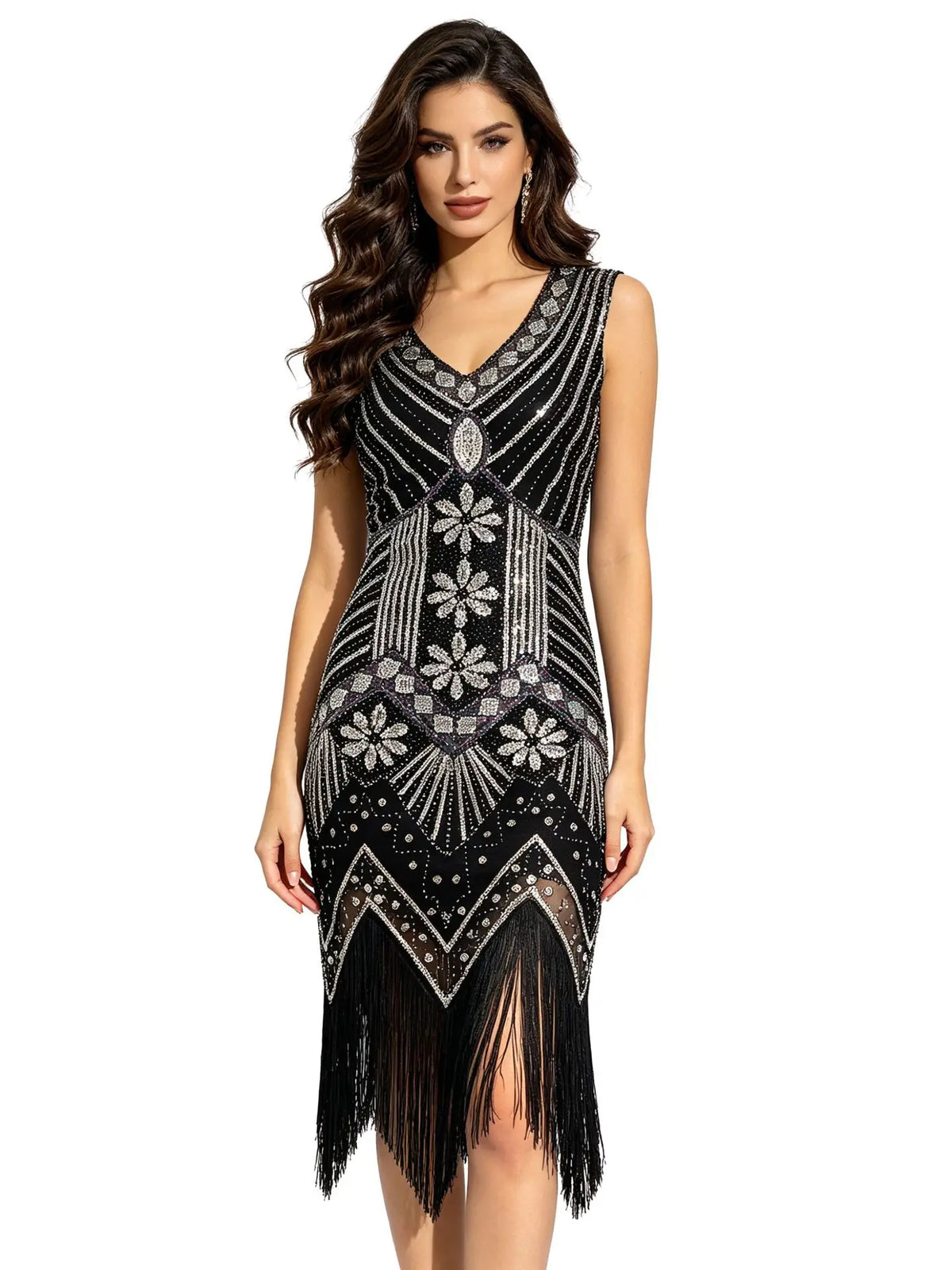 Women 1920s Flapper Dress Vintage Gatsby Beaded Sequin Fringe Midi Dress Sleeveless V Neck Roaring 20s Party Costume