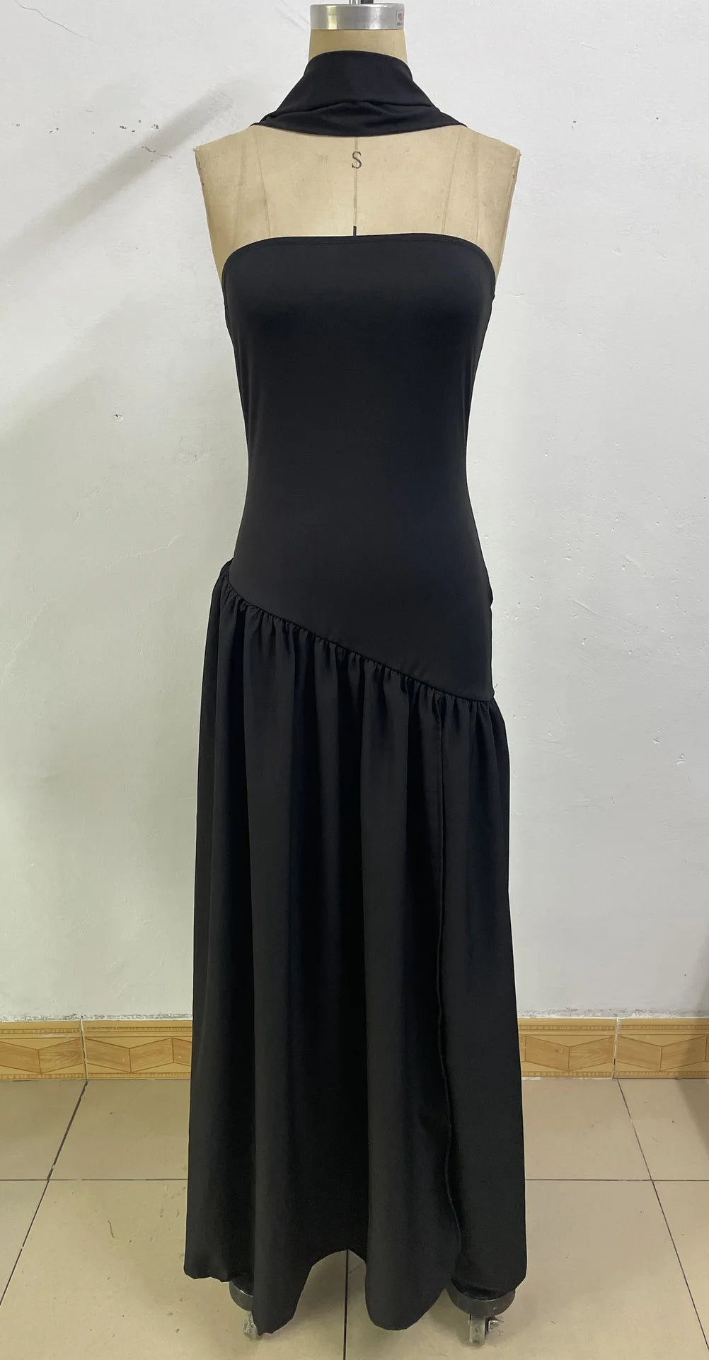Women Strapless Asymmetrical Maxi Dress with Detachable Neck Wrap Pleated Flowy Long Evening Party Gown