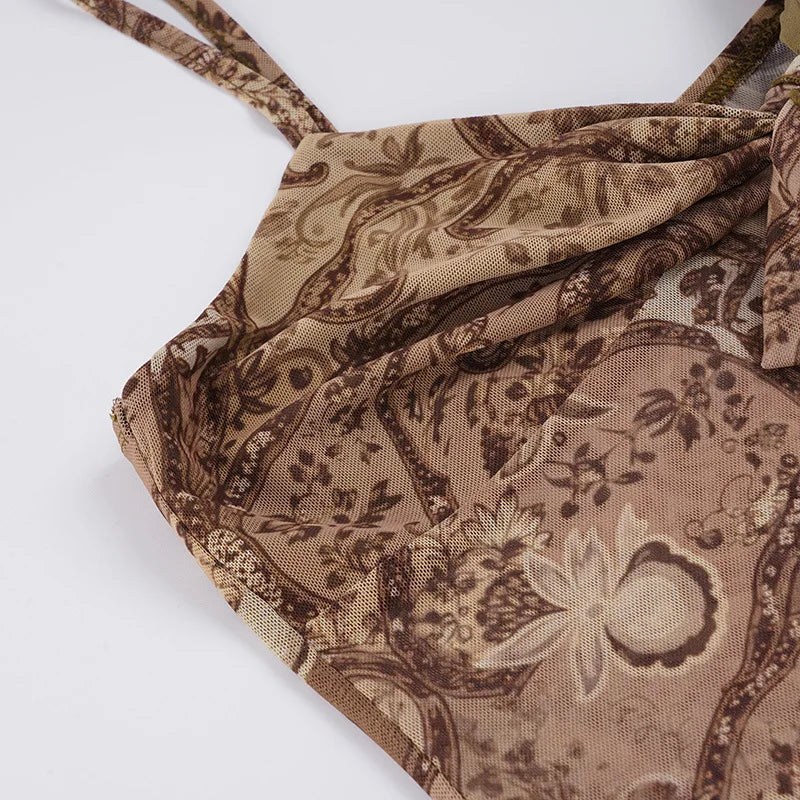 New Vintage Print Mesh Irregular Strap V-neck Sexy Slim Fit Cropped Top Vest Suitable for Streetwear Causal Women Clothing