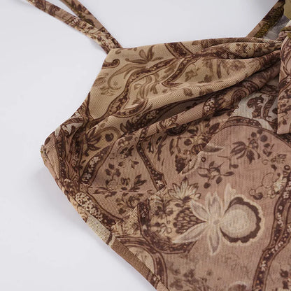 New Vintage Print Mesh Irregular Strap V-neck Sexy Slim Fit Cropped Top Vest Suitable for Streetwear Causal Women Clothing