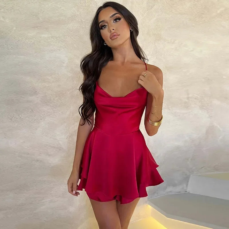 Women Sexy Satin Sleeveless Cami Playsuit Solid Cowl Neck Cross Tie Backless Short Jumpsuit Fashion Slim Fit Summer Romper