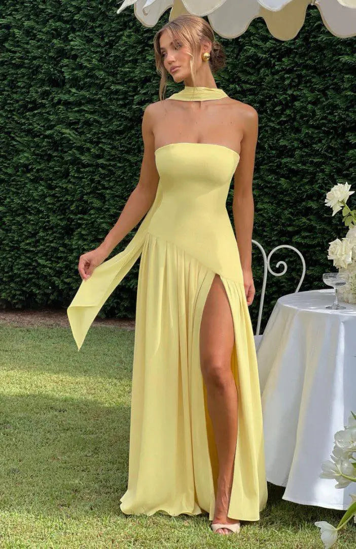 Women Strapless Asymmetrical Maxi Dress with Detachable Neck Wrap Pleated Flowy Long Evening Party Gown