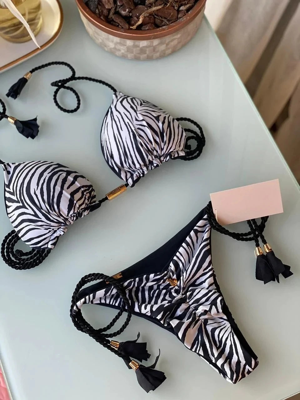 Women's Halter Tie Tassel Detail Two Piece Water Outfit Adjustable Side Drawstring Separated Swim Set for Beach Vacation Outfits