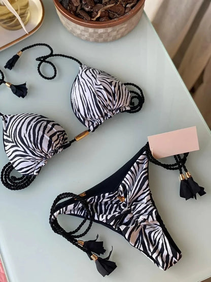Women's Halter Tie Tassel Detail Two Piece Water Outfit Adjustable Side Drawstring Separated Swim Set for Beach Vacation Outfits