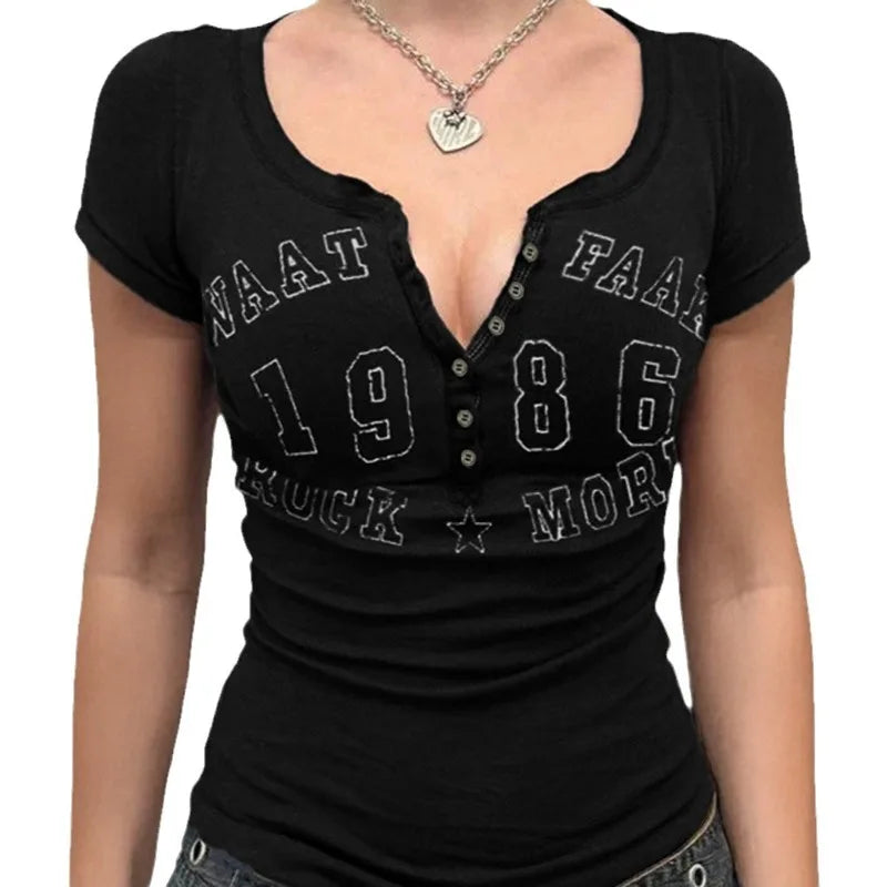 Women Vintage Graphic Print T-Shirt Short Sleeve Button Notch Neck Slim Fit Top Henley T-Shirt for Y2K Casual Streetwear