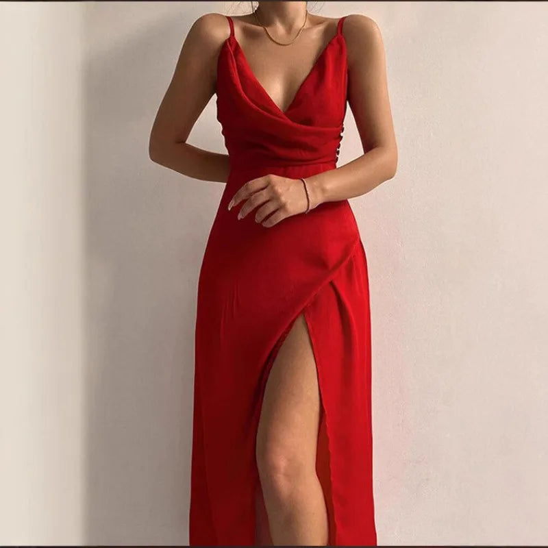 Summer Sexy Women's Camisole V-neck Slit Dress Elegant Sleeveless Gradient Slim Fit High Waisted Dress Maxi Vestidos Woman Party