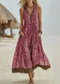 Women Sleeveless Hooded Zip Front Animal Spot Print Midi Dress Loose Flowy Swing Hem Pocket Long Outfit
