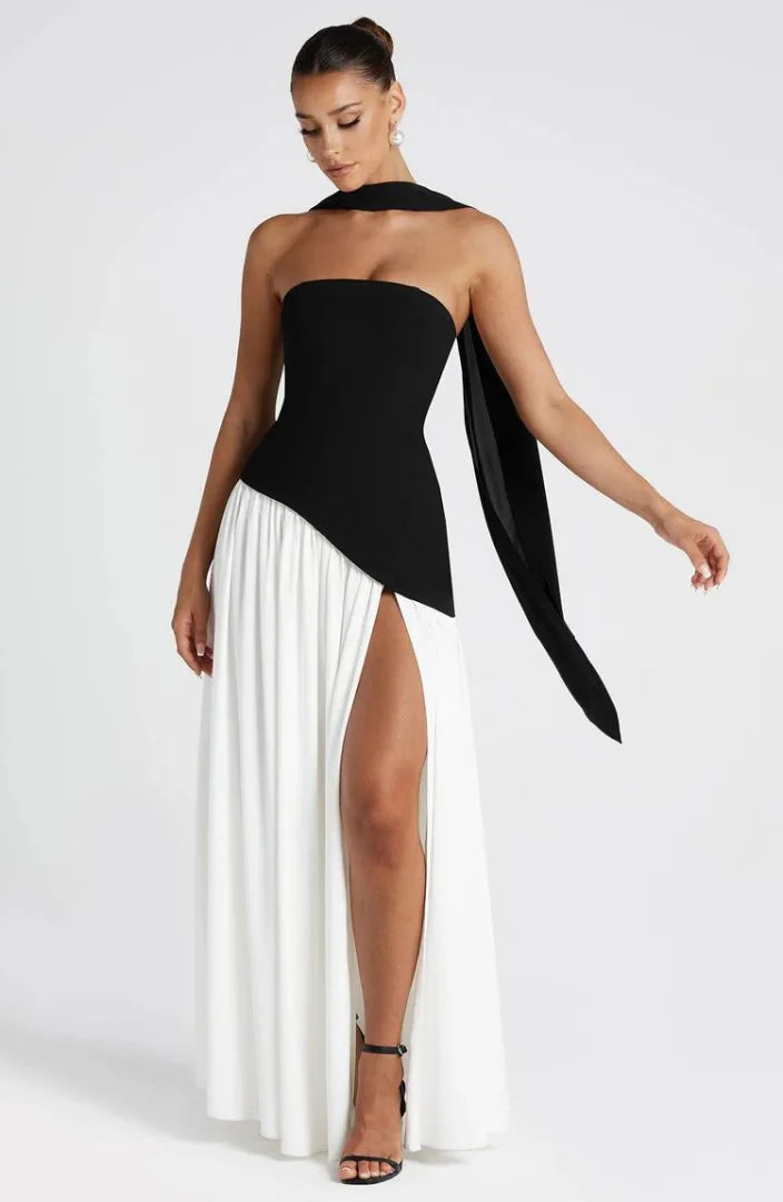 Women Strapless Asymmetrical Maxi Dress with Detachable Neck Wrap Pleated Flowy Long Evening Party Gown