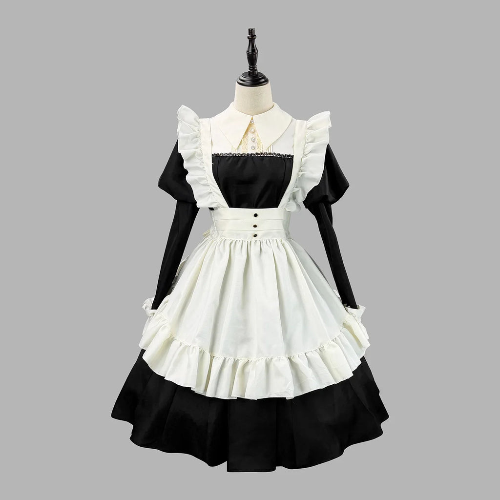 Women's Maid Lolita Dress Long Puff Sleeve Ruffle Apron Cosplay Costume with Headwear Theme Party Role Playing Outfits