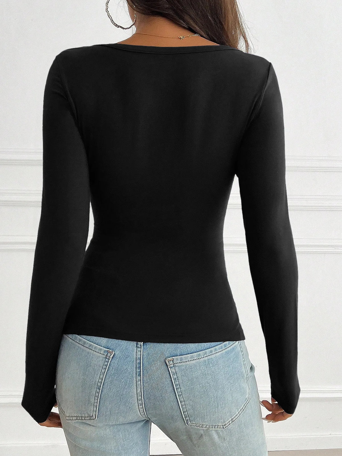 Women Y2K Slim Button V-Neck Long Sleeve Knitted T-Shirt Female Clothing Temperament Commuting Women Solid Casual Skinny Top
