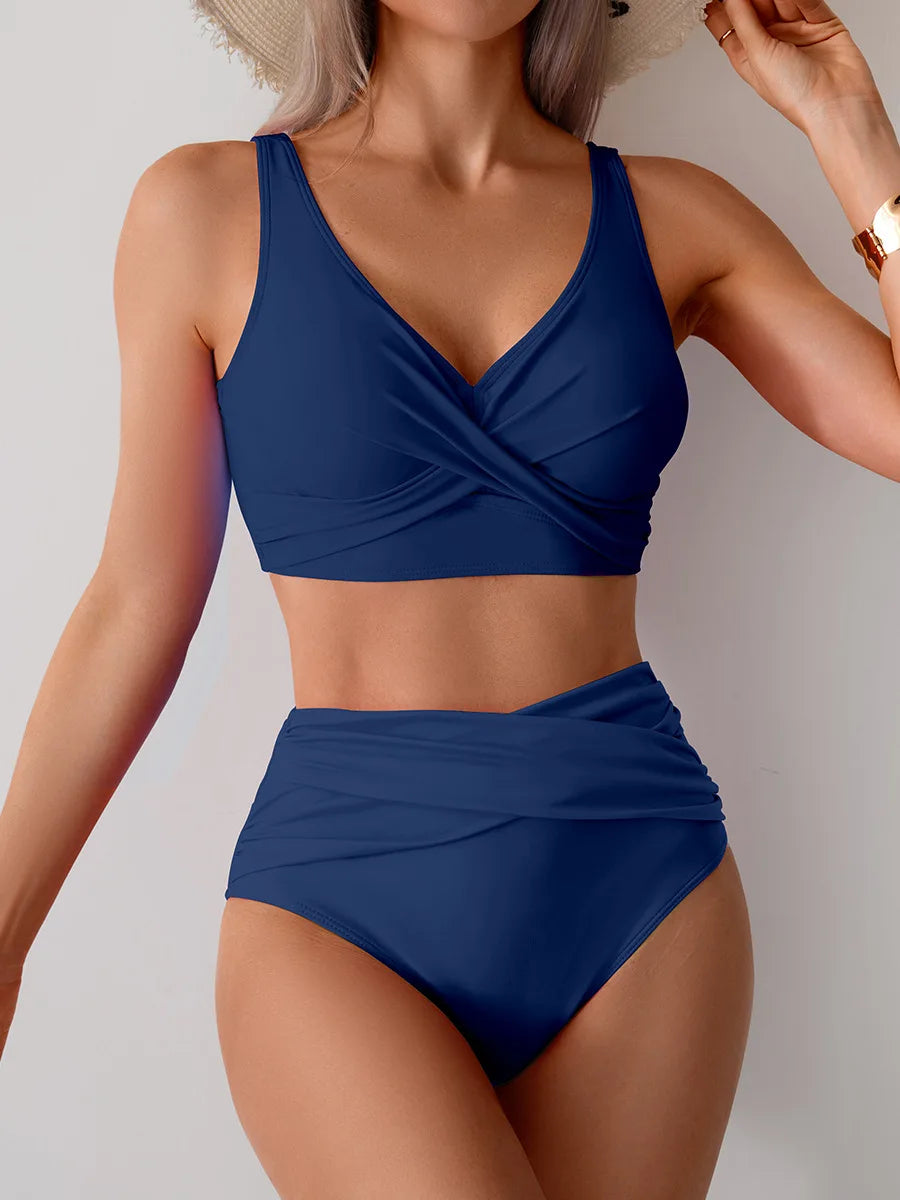 Women's Sexy Solid Color High Waist Bikini Set with Chest Pad Split Two-Piece Beach Pool Bathing Suits